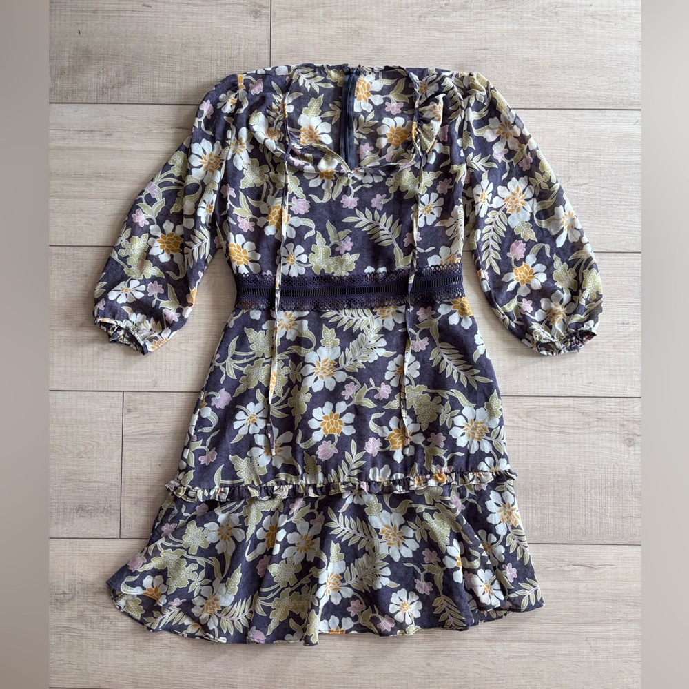 Donna Morgan Purple Chiffon Floral A-Line Cottagecore Wedding Guest Dress Size 4